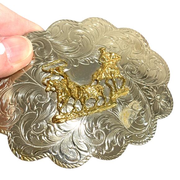 Vintage Montana Silversmiths Statement Buckle & Hand Tooled Brown Leather Belt - Picture 2 of 12